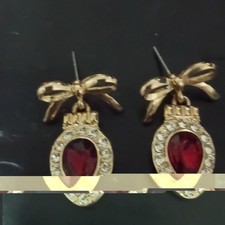 Vintage Gold Tone Bow Dangle Earrings Red Tea...