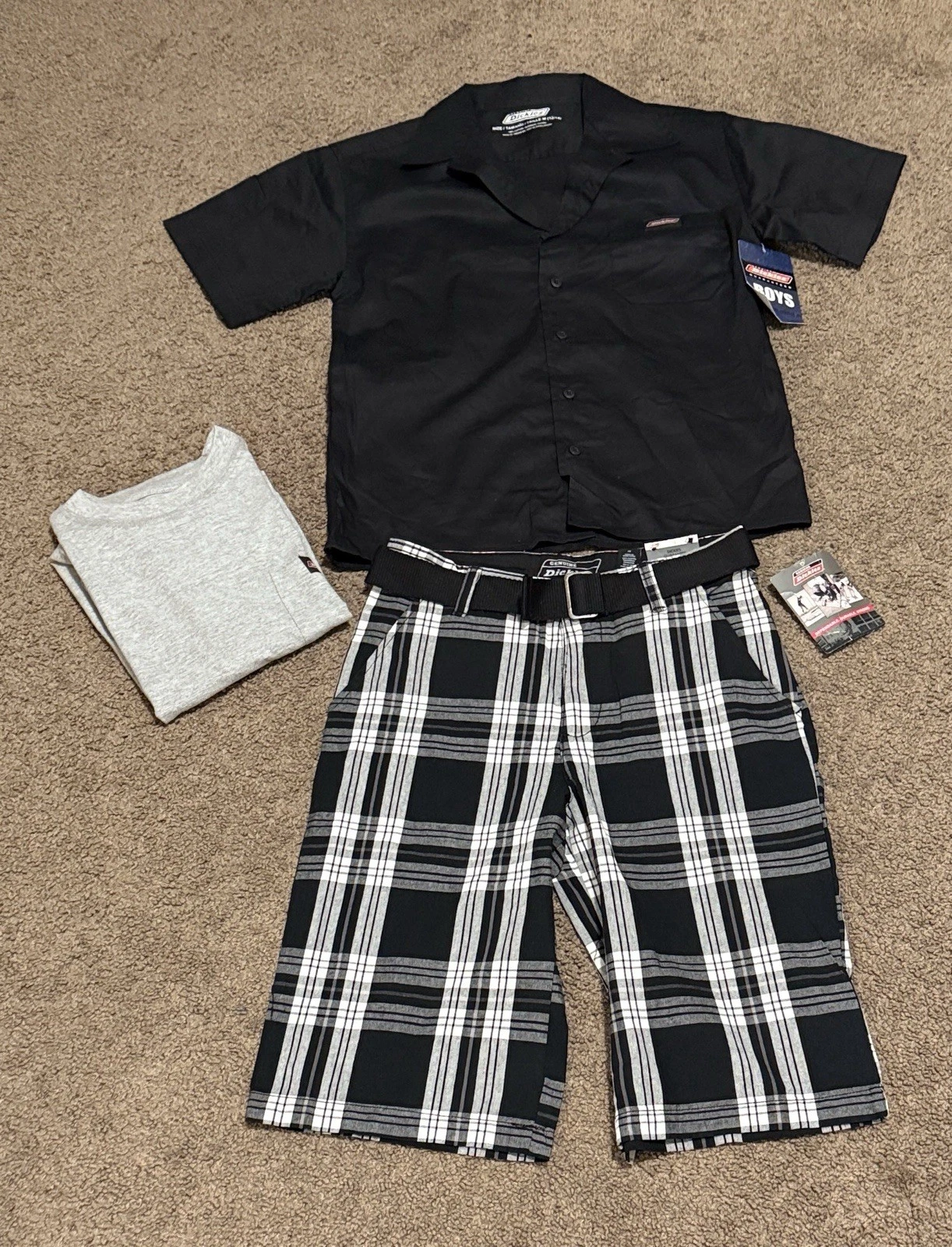 Dickies Kids 3 Piece Set Size 12/14 Black Shirt Plaid Short and Gray T Shirt