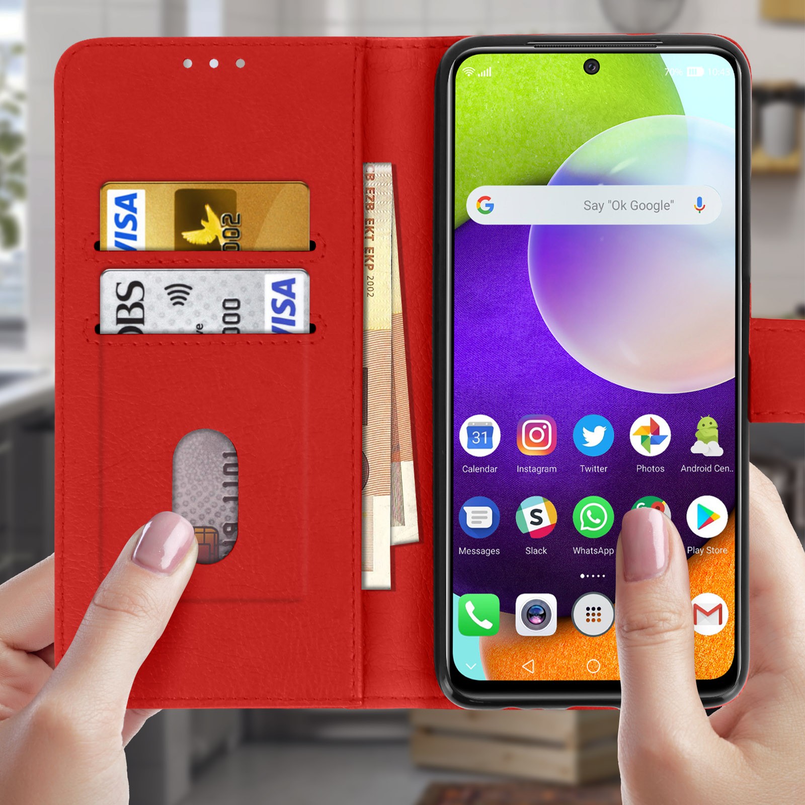 Coque portefeuille Galaxy A52 rouge avec porte-cartes et support vidéo