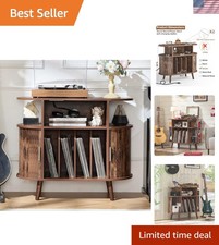Large Round Record Player Stand with Charging Station  Fluted Panel, Brown M...