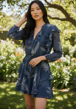 Halston Heritage Silk Ruffle Dress Blue Floral Mini Long Sleeve Boho Size 6