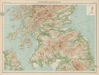 Southern Scotland. Relief & railways. THE TIMES 1922 old antique map chart
