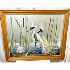 Vintage 1950s Tropical Birds Egret Original Painting Devoe MCM Framed 34x28
