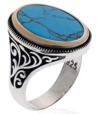 Bague Chevalière Argent Massif 925 Serti Cabochon Pierre Naturelle Turquoise - Photo 1/3
