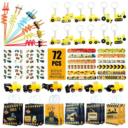 72 Pcs Construction Party Favors Construction Theme Treat Bags Toy Straw For Kid