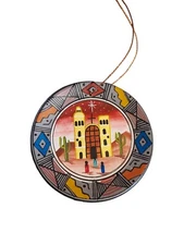 Handmade Ornament Painted Red Clay Church  Scene Ethnic 3"  Brightly Colored 