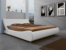 Queen Size Leather Low Profile Sleigh Platform Bed Frame with Headboard,White