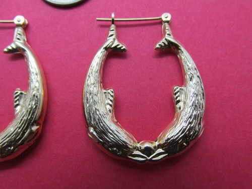 14k Solid Yellow Gold Dolphin Earrings Rare Vintage Beautiful Handmade 70s Circa - Picture 3 of 11