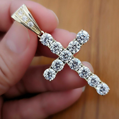 Real Moissanite 4Ct Round-Cut Cross Pendant 14K Yellow Gold Plated Free Chain