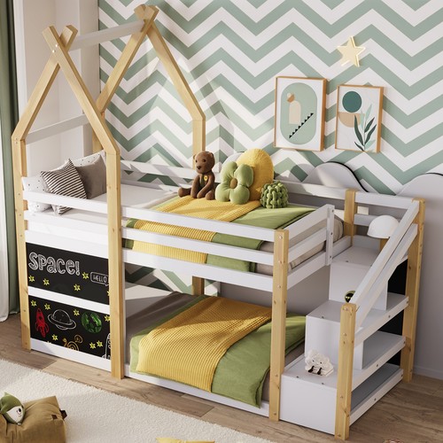 Twin over Twin House Bunk Bed with White Storage Staircase and 2 Blackboards, Wh - Picture 8 of 12