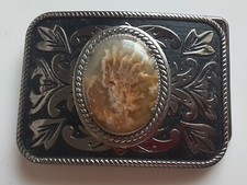 Vintage 1970s-80s Imitation Stone Belt Buckle Silvertone Coral Color Chrome