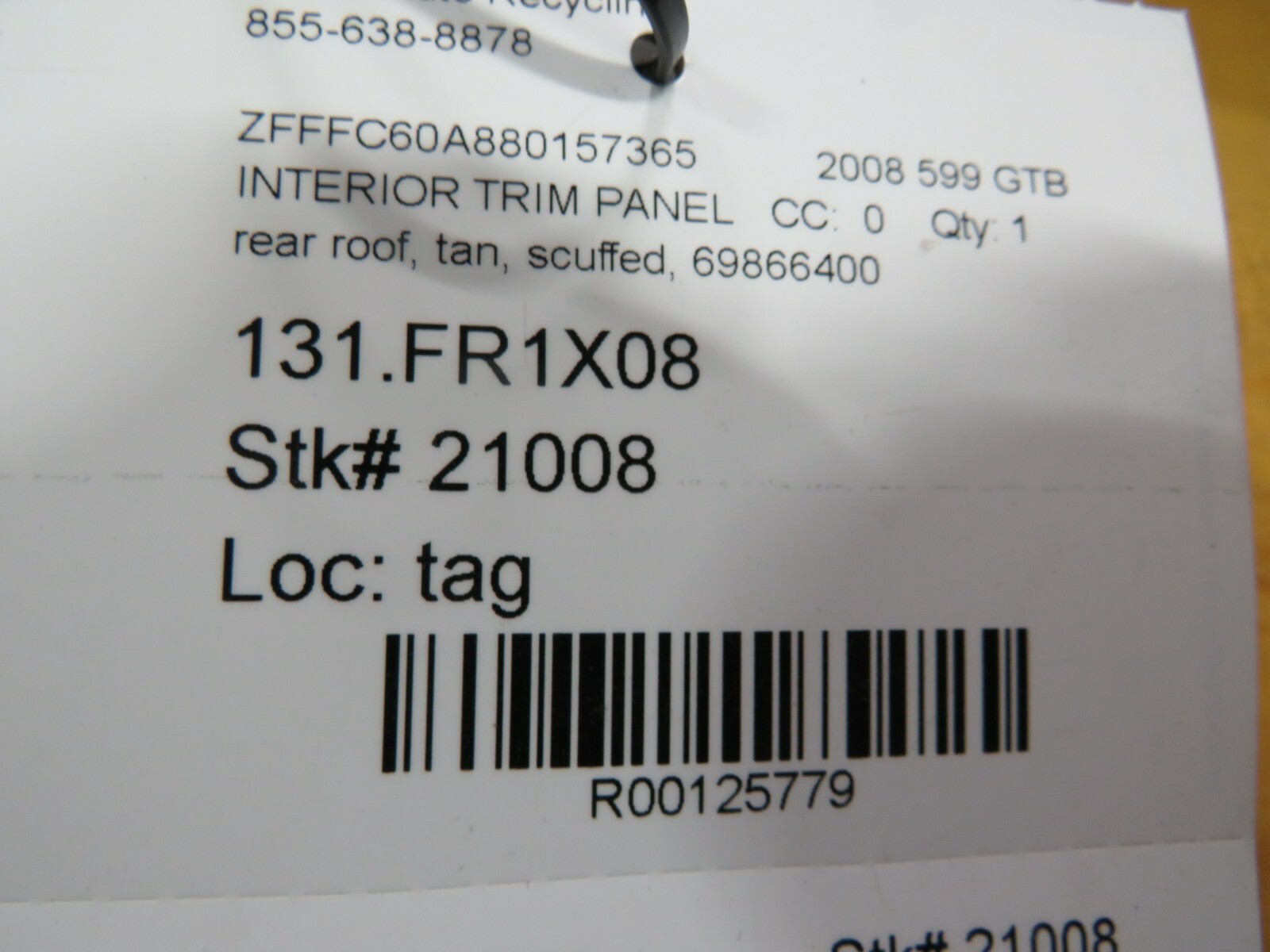 Ferrari 599 GTB, Rear Roof Interior Trim Panel, Used, Scuffed, P/N 69866400