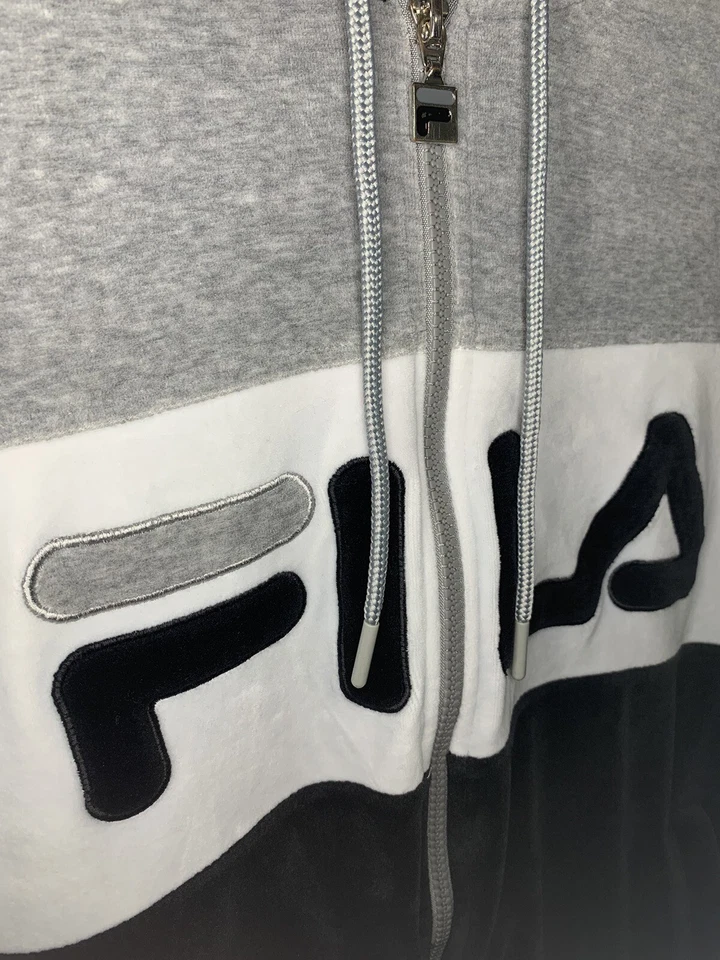 Fila Velour Black/Gray/White Stripe Full Zip Track Hoodie Jacket Fleece Large - Image 2 of 4