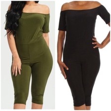 New Regular/Plus Size Green/Black Off Shoulder Capri Bodysuit