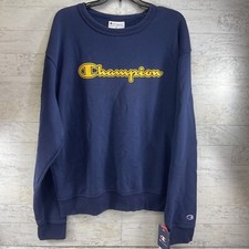 Champion Mens Classic Script Logo Sweatshirt Brand New Medium Navy Blue  Yellow