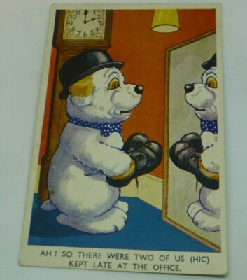 U250 There Where Two Of Us (Hic) Late At Office Drunk DOG HAT TOWZIE Postkarte