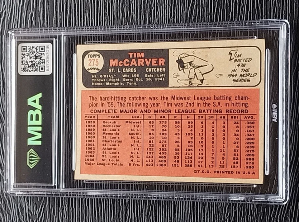 Tarjeta de béisbol 1966 Topps Venezolan Tim McCarver #275 *sin pliegues* MBA 4 en muy buen estado Foto 3 de 4