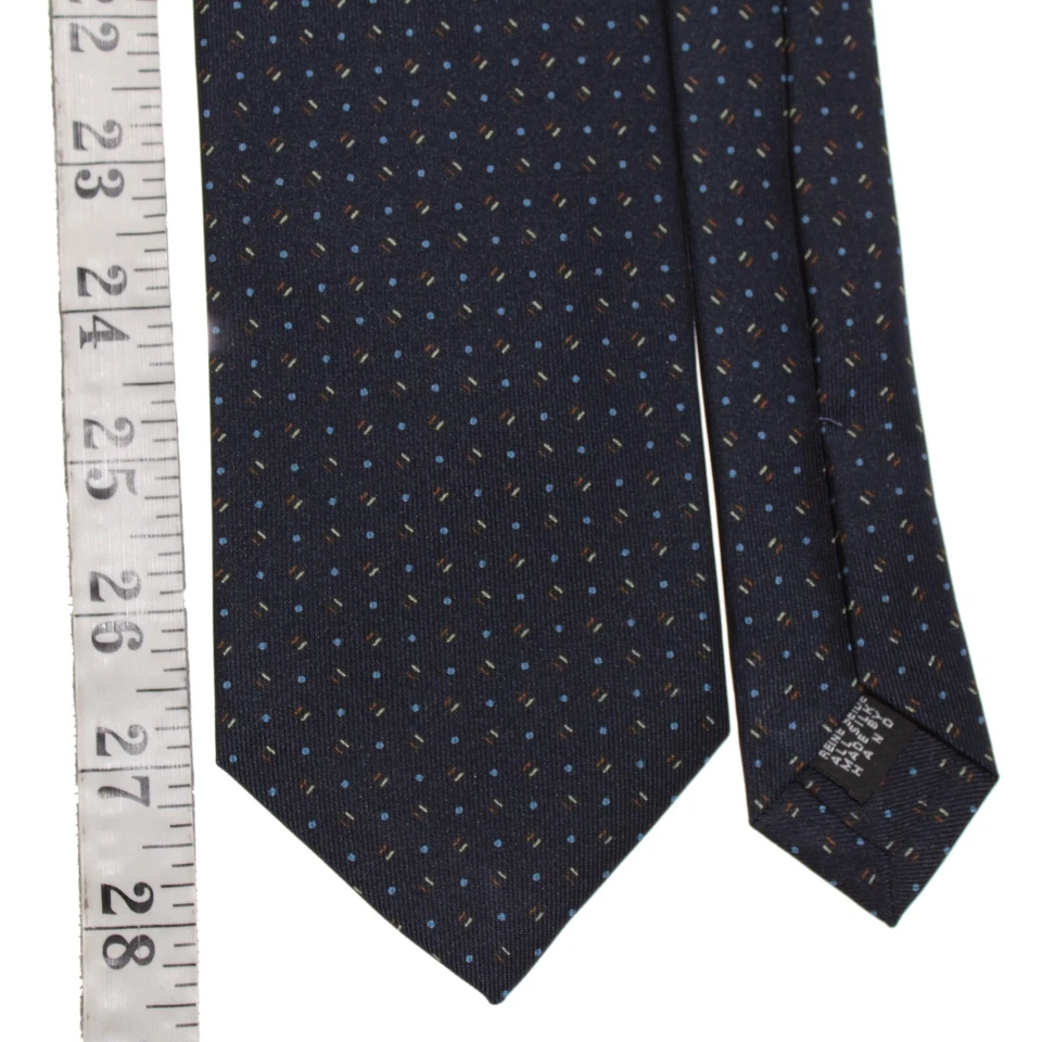 Drake's новый с Ярлыками галстук в темно-синий с синий/коричневый/белый геометрический узор 100% шелк - Изображение 4 из 4