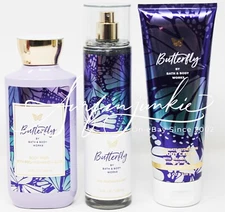 Bath & Body Works Butterfly Body Mist Body Spray Cream Shower Gel Purple 3 Piece