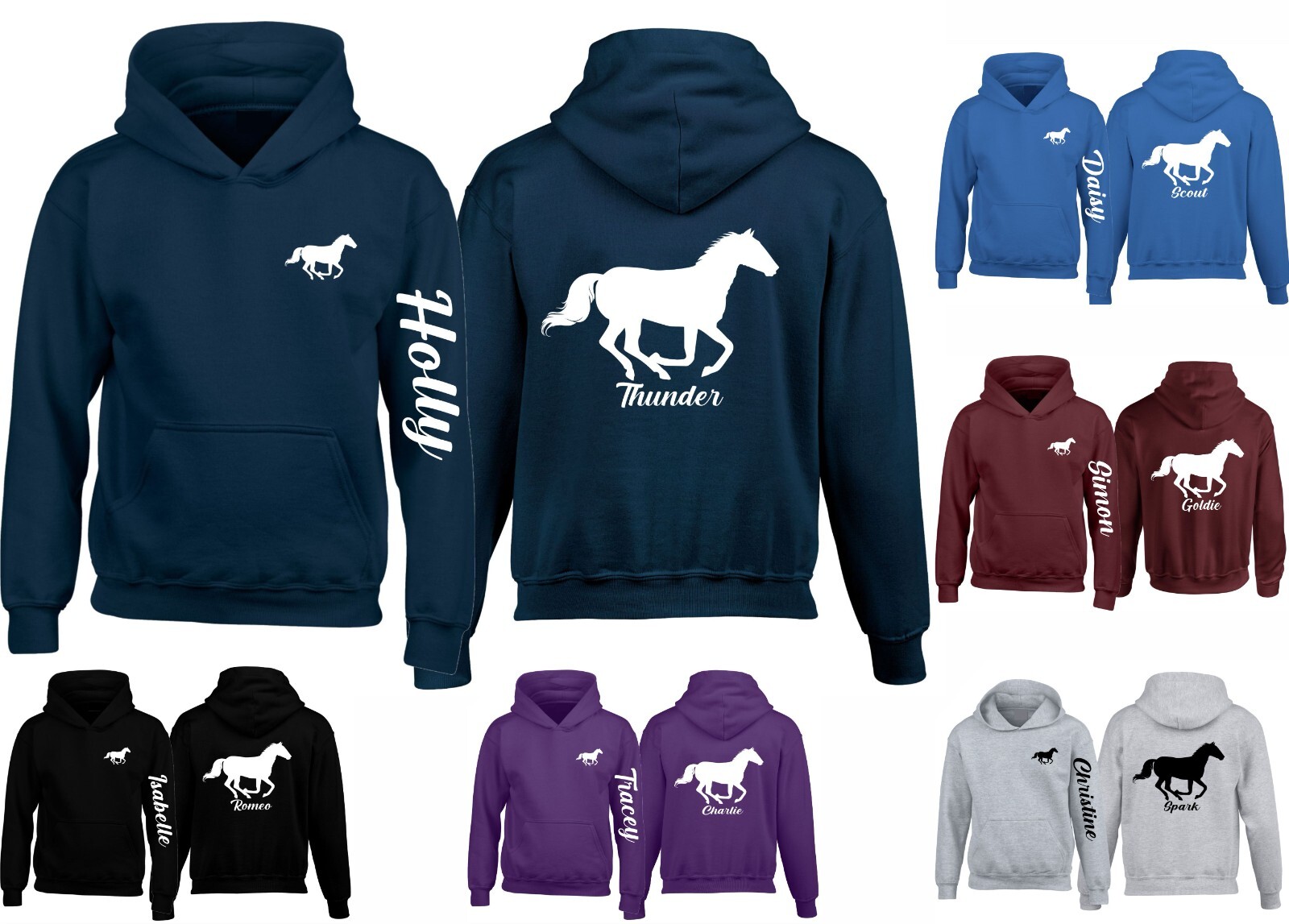 Felpa con cappuccio e manica a cavallo personalizzata nome pannocchia posteriore nome pony regalo fantino maglione Natale