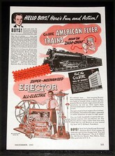 1942 OLD MAGAZINE PRINT AD, GILBERT ERECTOR AMERICAN FLYER TRAINS, CHRISTMAS