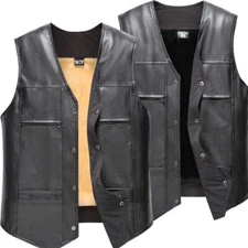Men's Leather Vest Motorcycle Biker Vest Concealed Carry Tactical Fleece Warm.