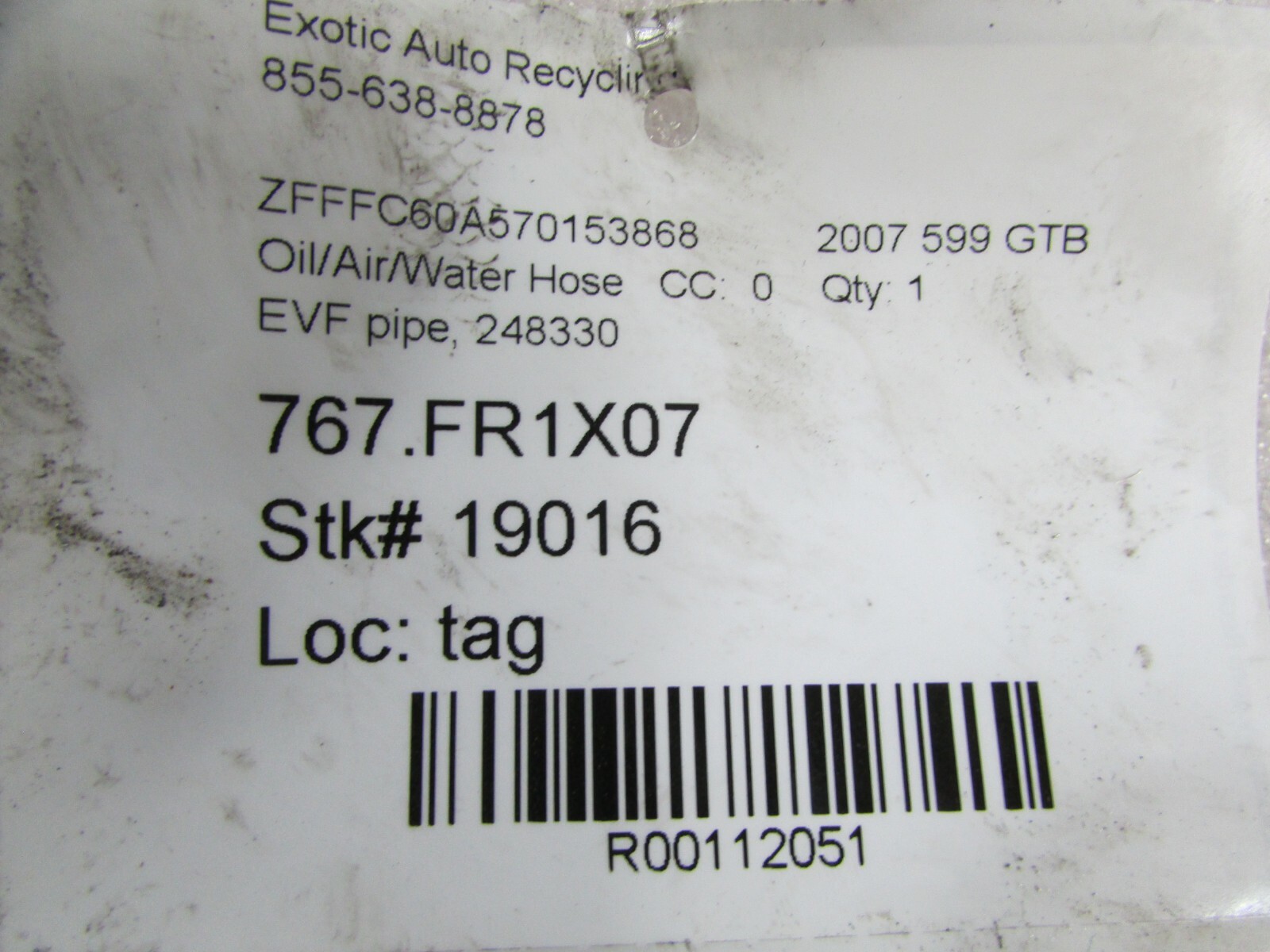 Ferrari 599 GTB, EVF Pipe, Used, P/N 248330