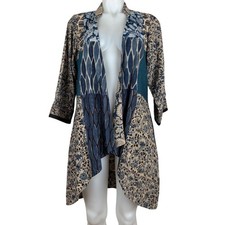 Indigo Patchwork Cotton Block Print Open Front Cardigan with Pockets India S/M