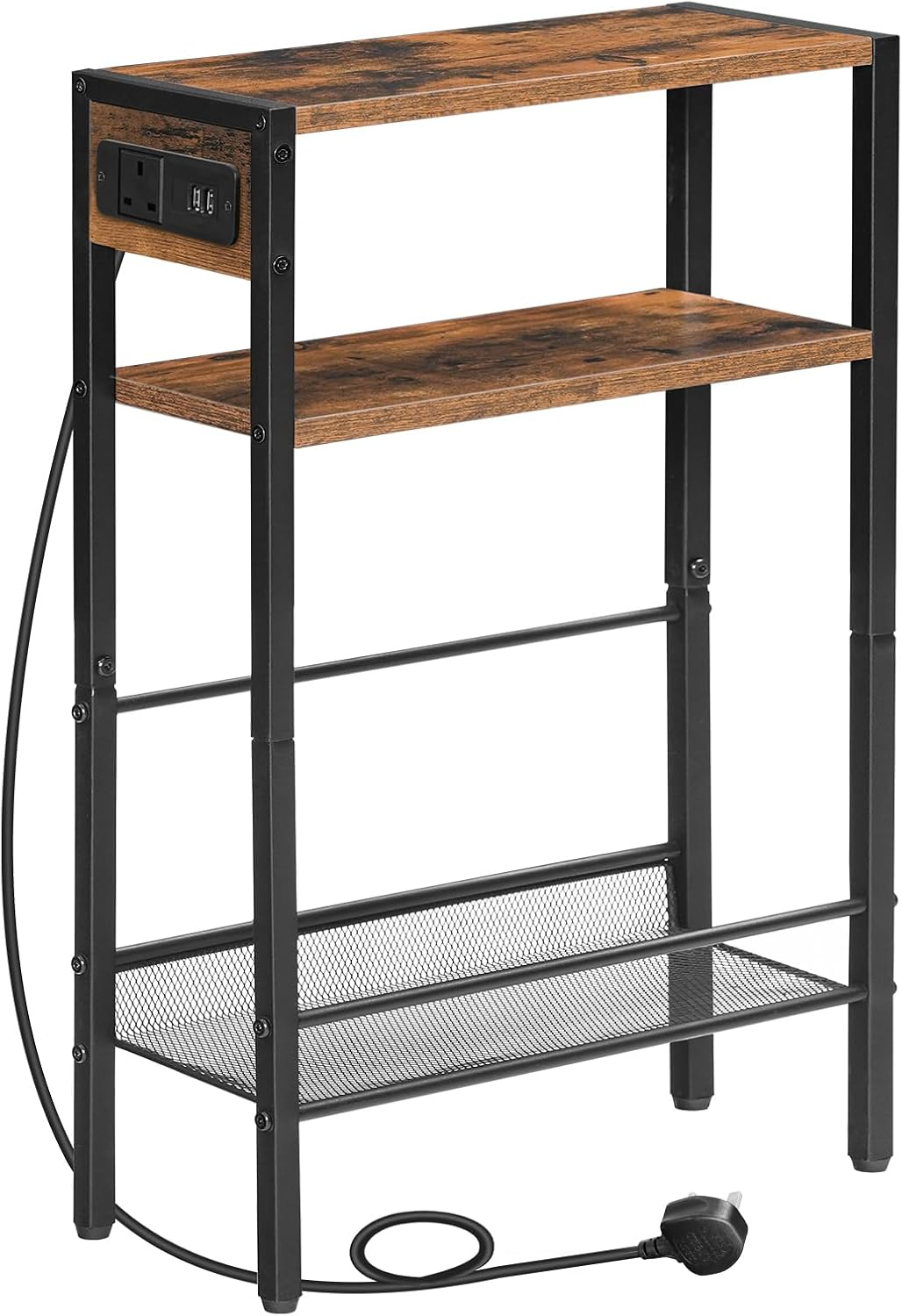Slim Side Table with Charging Station, Narrow Bedside Table for Small Spaces, 3-