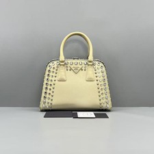 Prada Pale Yellow Saffiano Dome Bag Crystal Rhinestone Studs Top Handle