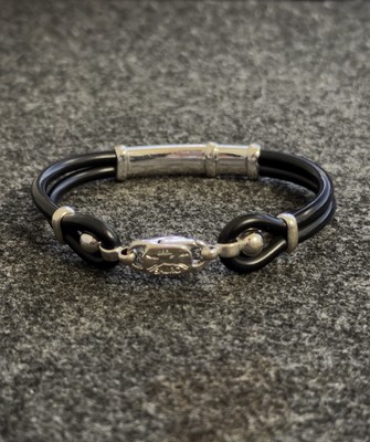 Sauro BREV 18K White Gold 750 Black Rubber Double Band Bracelet Italy 7.5  Mens