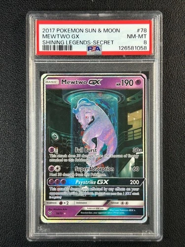 MEWTWO GX PSA 8 2017 POKEMON SUN & MOON SHINING LEGENDS #78/73 SECRET RARE 1058