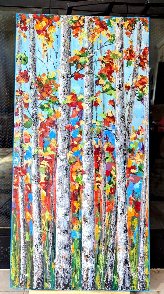 原版亚克力绘画桦树阿斯彭树重impasto 24x 12 — 第 2/4 张图片