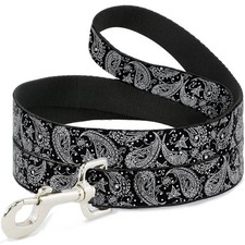 Dog Leash, 4 Feet Long, 1.5 Inch Wide, Floral Paisley, Black, White, Wide