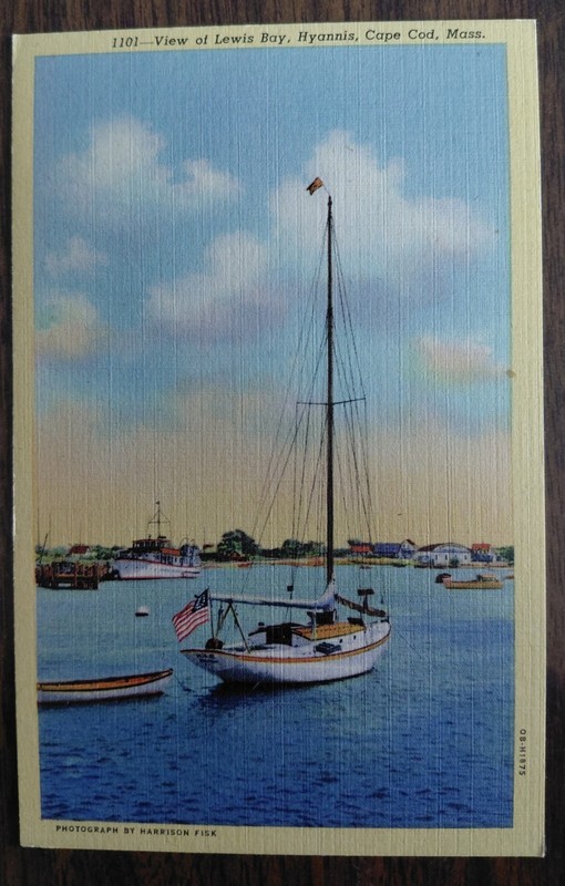 Hyannis Cape Cod Lewis Bay Massachusetts Vintage Sailboat Linen Postcard 