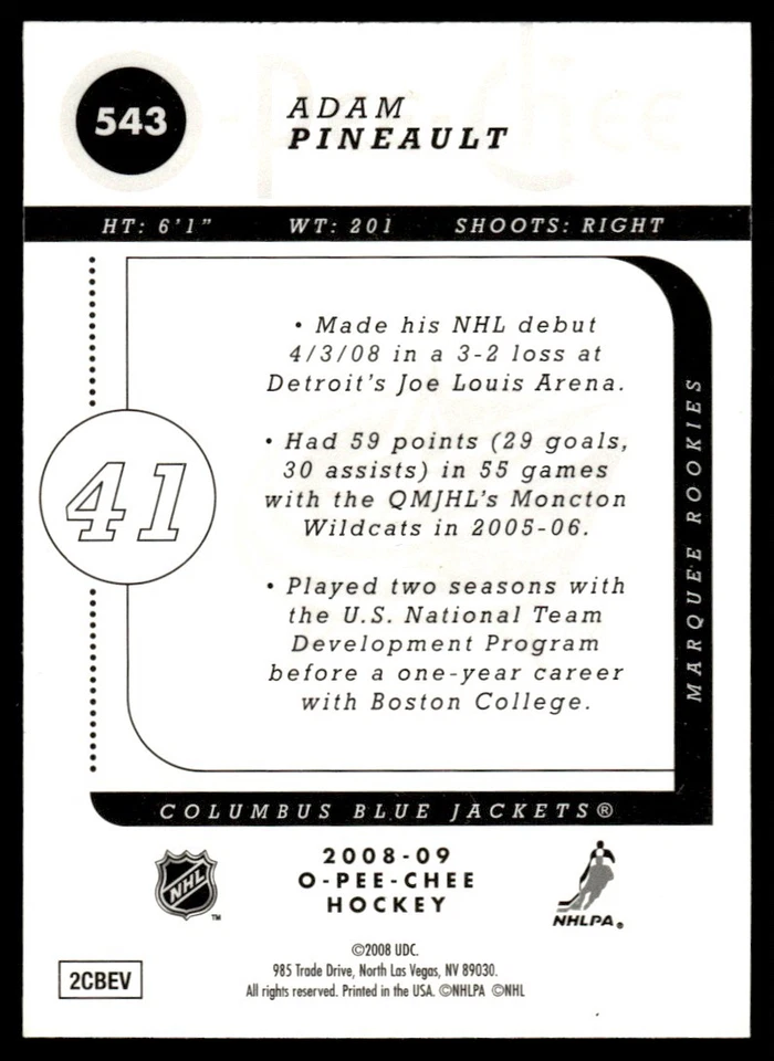 2008-09 O-Pee-Chee Gold Adam Pineault Rookie Columbus Blue Jackets #543 - Image 2 of 2