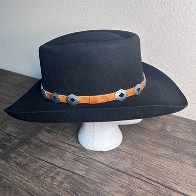 WRANGLER Cowboy Hat Black Leather Band Silver Conchos 4X Beaver Texas USA 4708