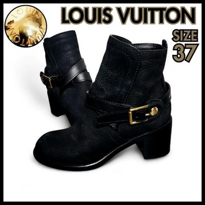 LOUIS VUITTON Belt Ankle Boots Black Grain Leather Block Heel Women's 37 061021d