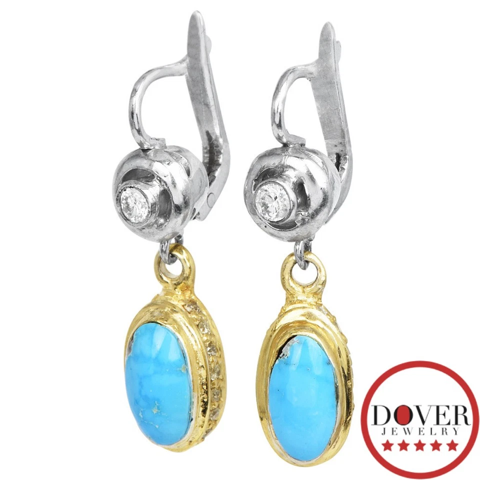 Estate Diamond Turquoise Silver Multi Cut Dangle Drop Earrings 6.6 Gr NR - Image 2 of 4