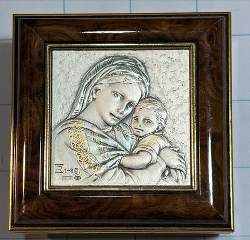 Vintage Wood Rosary Box Sterling Silver Madonna & Child Trinket Box 3” Marchio P