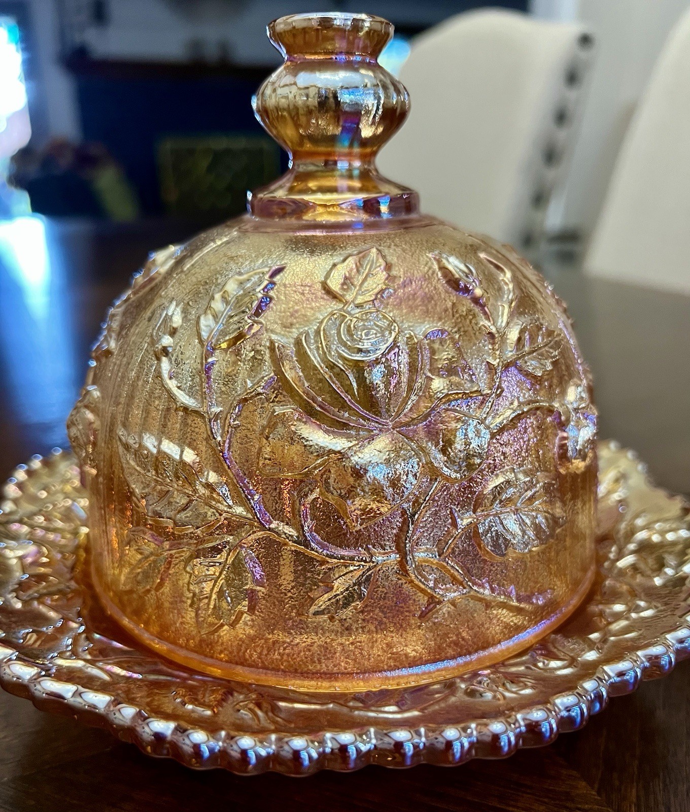 IMPERIAL CARNIVAL GLASS Round Covered Butter Dish 1910 Open Rose Marigold