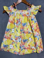 Janie and Jack Size 6 Girl Yellow Floral Linen Dress Cold Shoulder Smocked