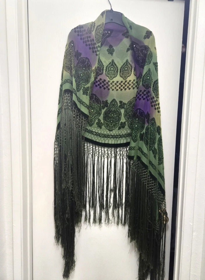 Boho Beaded Embroidered Fringe Shawl – Green & Purple NWOT XL - Image 2 of 4