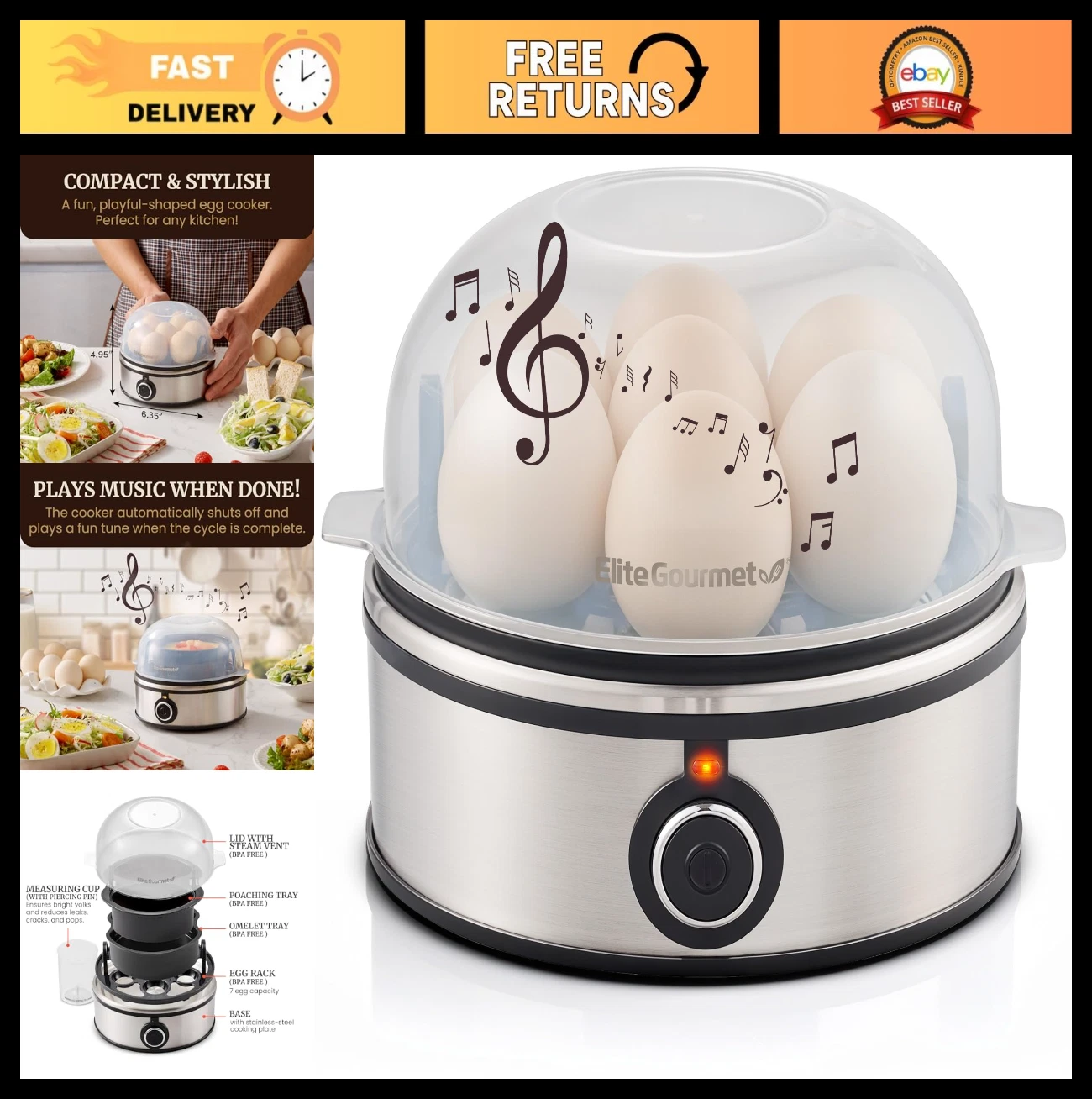 7-Egg Capacity Egg Cooker - Soft, Medium, Hard-Boiled, Omelets, Poached Eggs, Au
Opens in a new wind