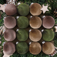 Velvet Christmas Ornaments Set - 15 Neutral Green  Brown Balls, 80mm