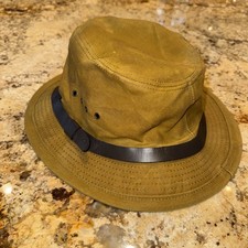 Vintage Filson Shelter Cloth Packer Hat Khaki Waxed Canvas Leather USA Made XL