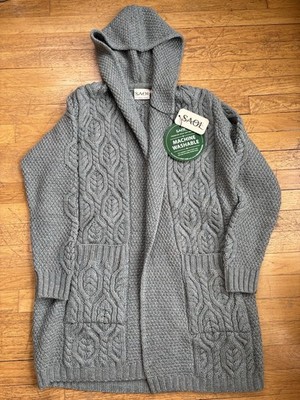 SAOL Aran Long Hooded Cardigan Sweater Women's 100% Merino Wool Knitted Coatigan
