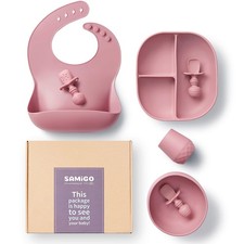 Silicone Baby Feeding Set Suction Bowl Plate Bib Cup Spoons 6 Months