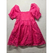 Jodifl Hot Pink Grid Organza Puff Sleeve Smocked Babydoll Mini Dress Large NEW