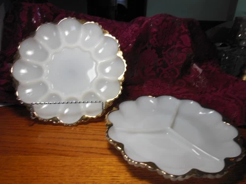 2 Vintage Anchor Hocking Deviled Egg Plate Milk Glass Dish w/Gold Trim